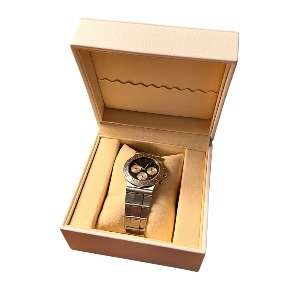 BVLGARI Chronograph Stainless Steel Black Dial Men's Watch with Box